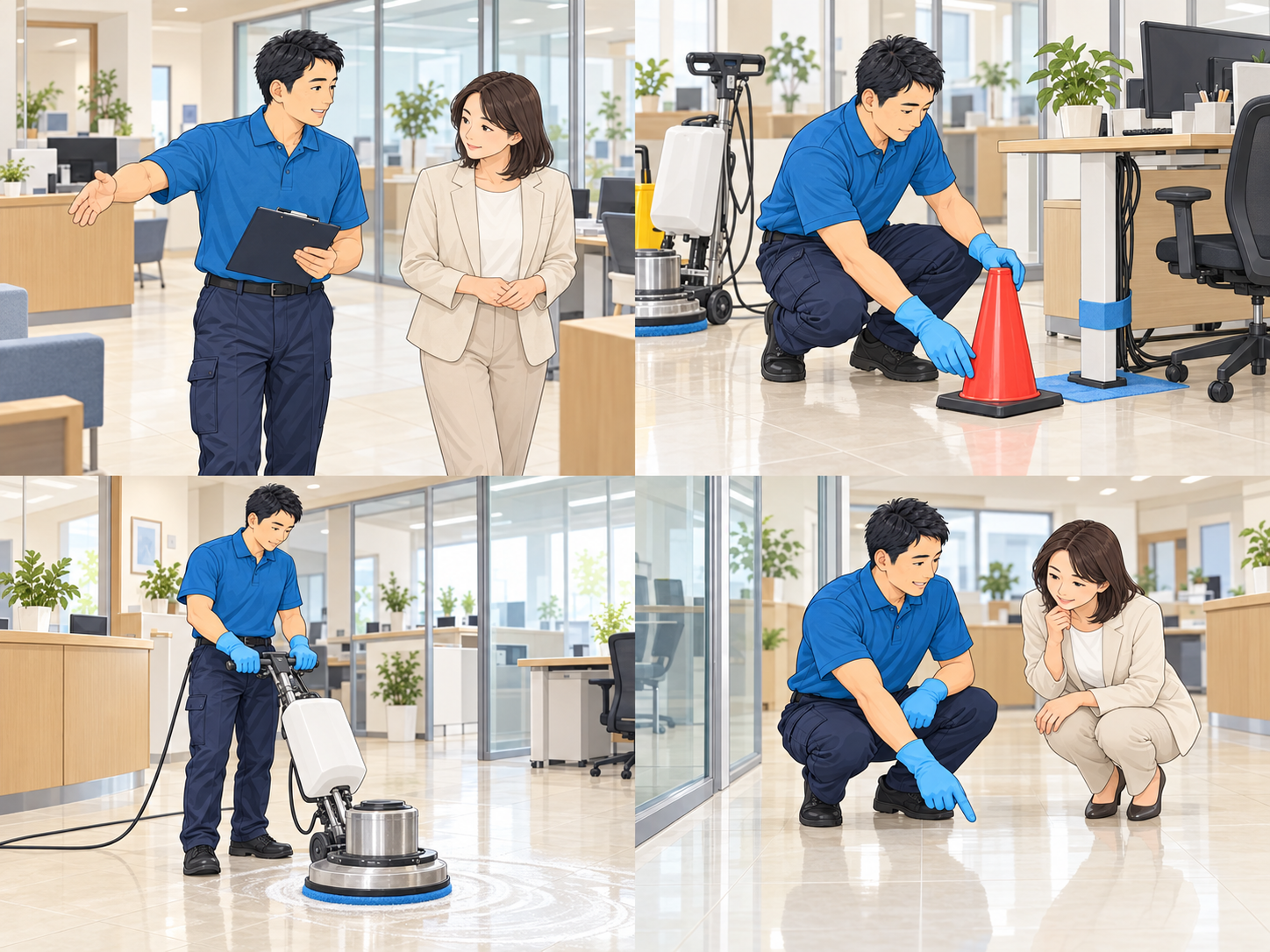 現場・範囲を確認：トップの案内と同じスタッフによる作業イラスト