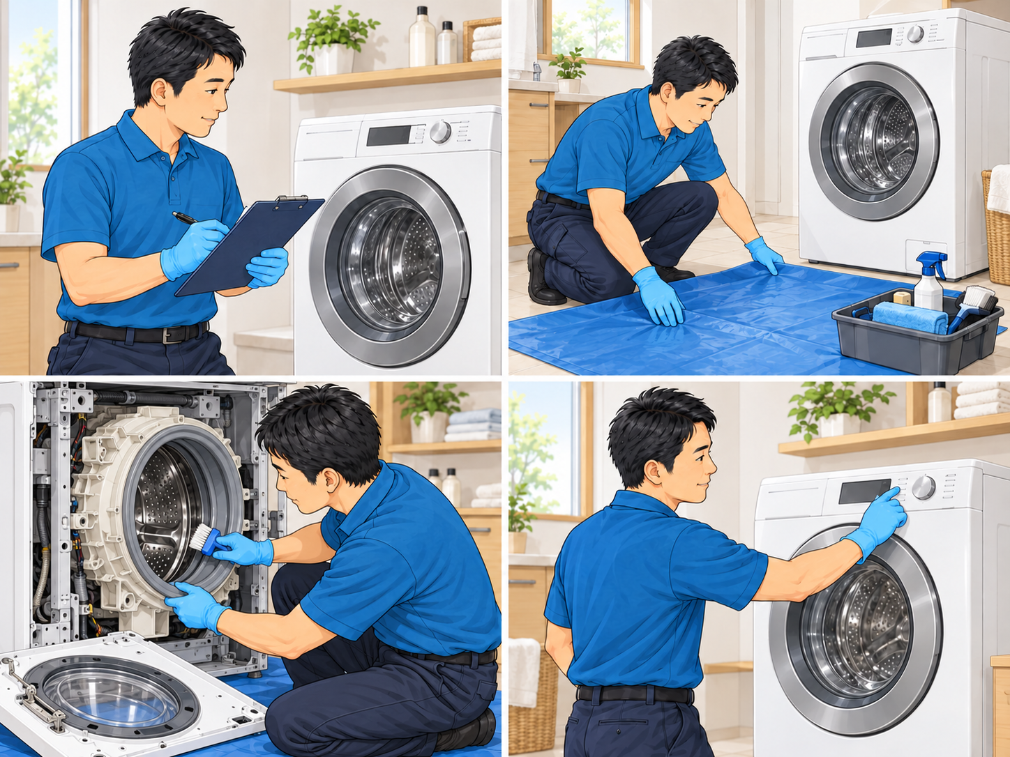 ドラム式洗濯機を分解して内部を洗浄するイラスト。完全分解洗浄の場合。