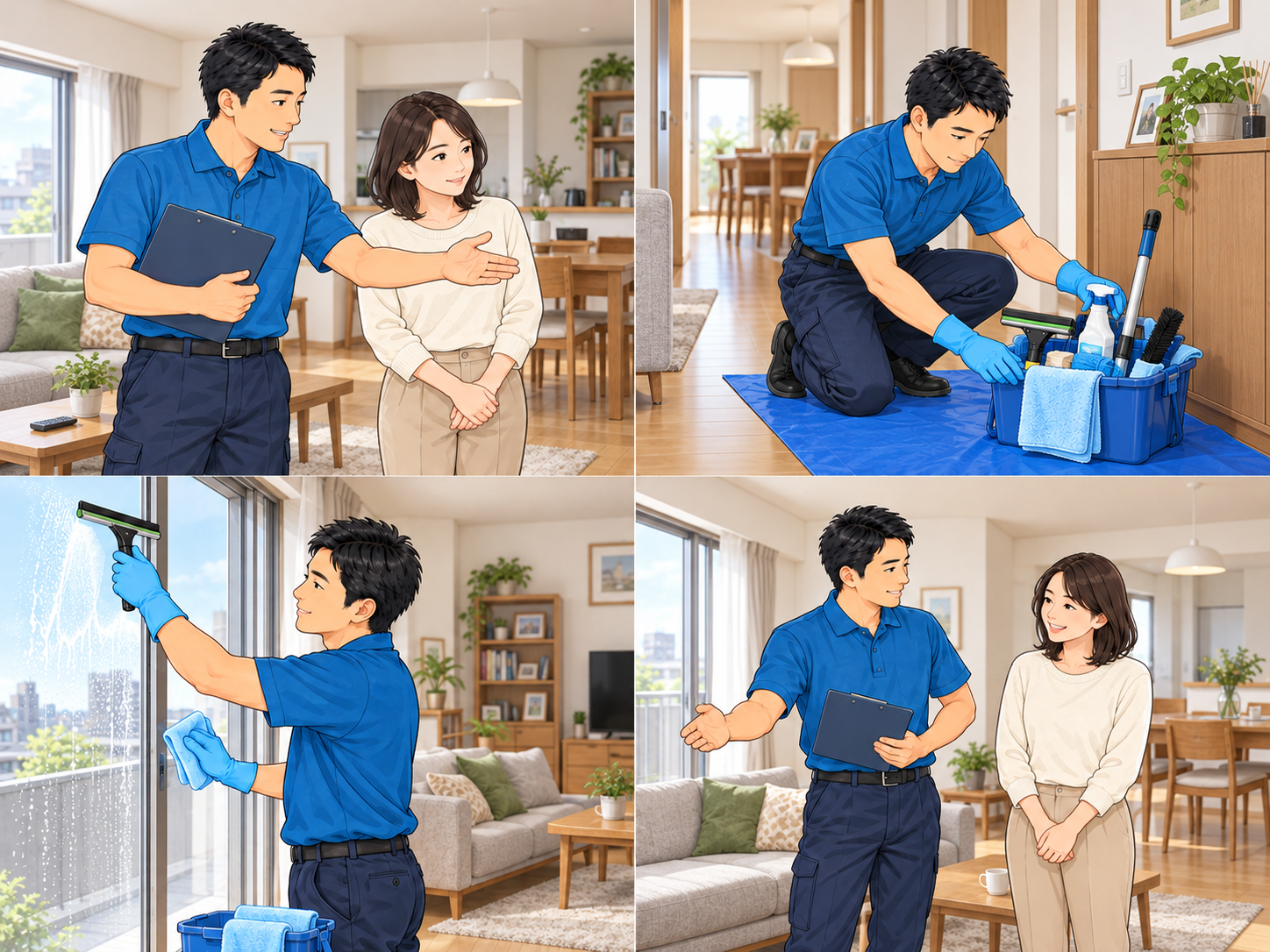家具のある室内でお客様と清掃範囲を確認するスタッフ