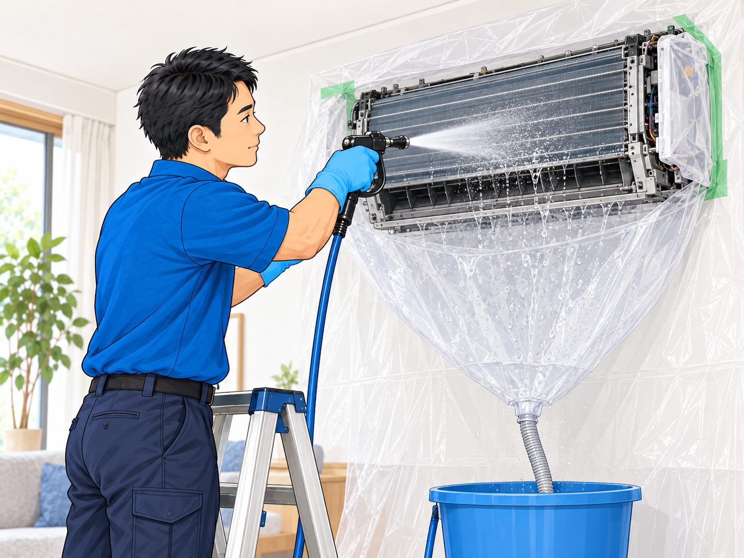 外装カバーを取り外し、電装部と周囲を養生したエアコン内部を高圧洗浄するスタッフ
