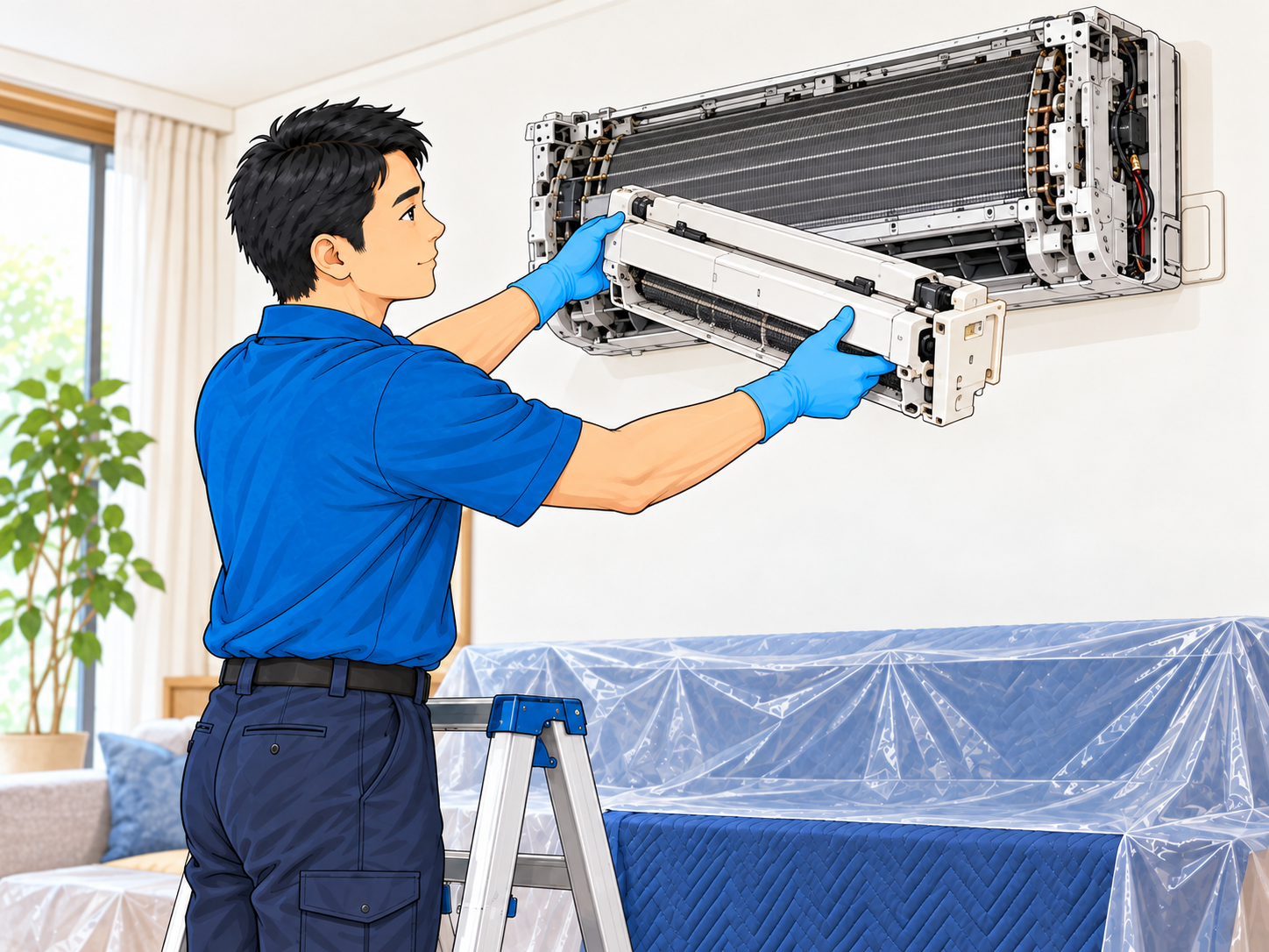 外装カバーを外した本体から、お掃除ユニットを取り外すスタッフ