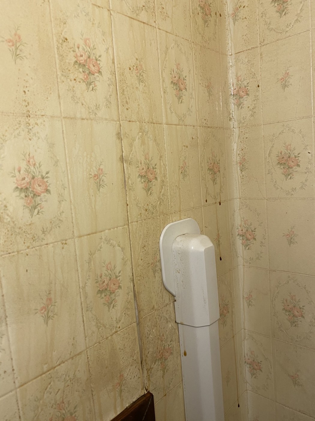 店舗のトイレ内、花柄タイルの壁面の清掃前
