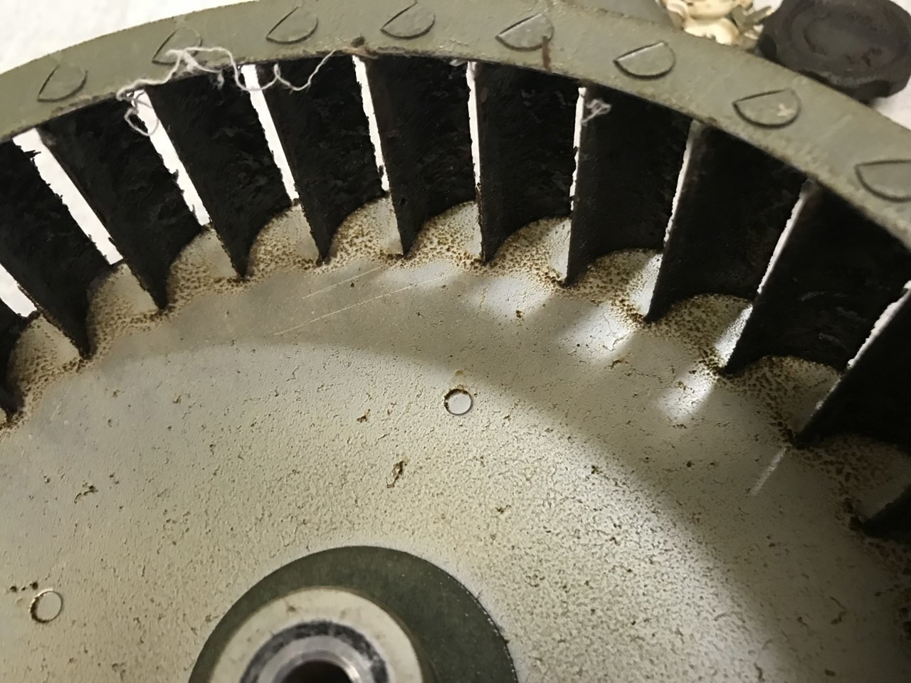 羽根の間を近くから。油汚れがこびり付いています。