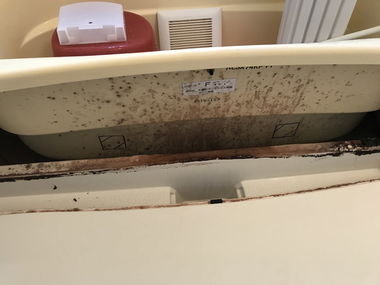 清掃前の浴槽エプロン内部。外からは見えにくい部分にも汚れが付いていました。