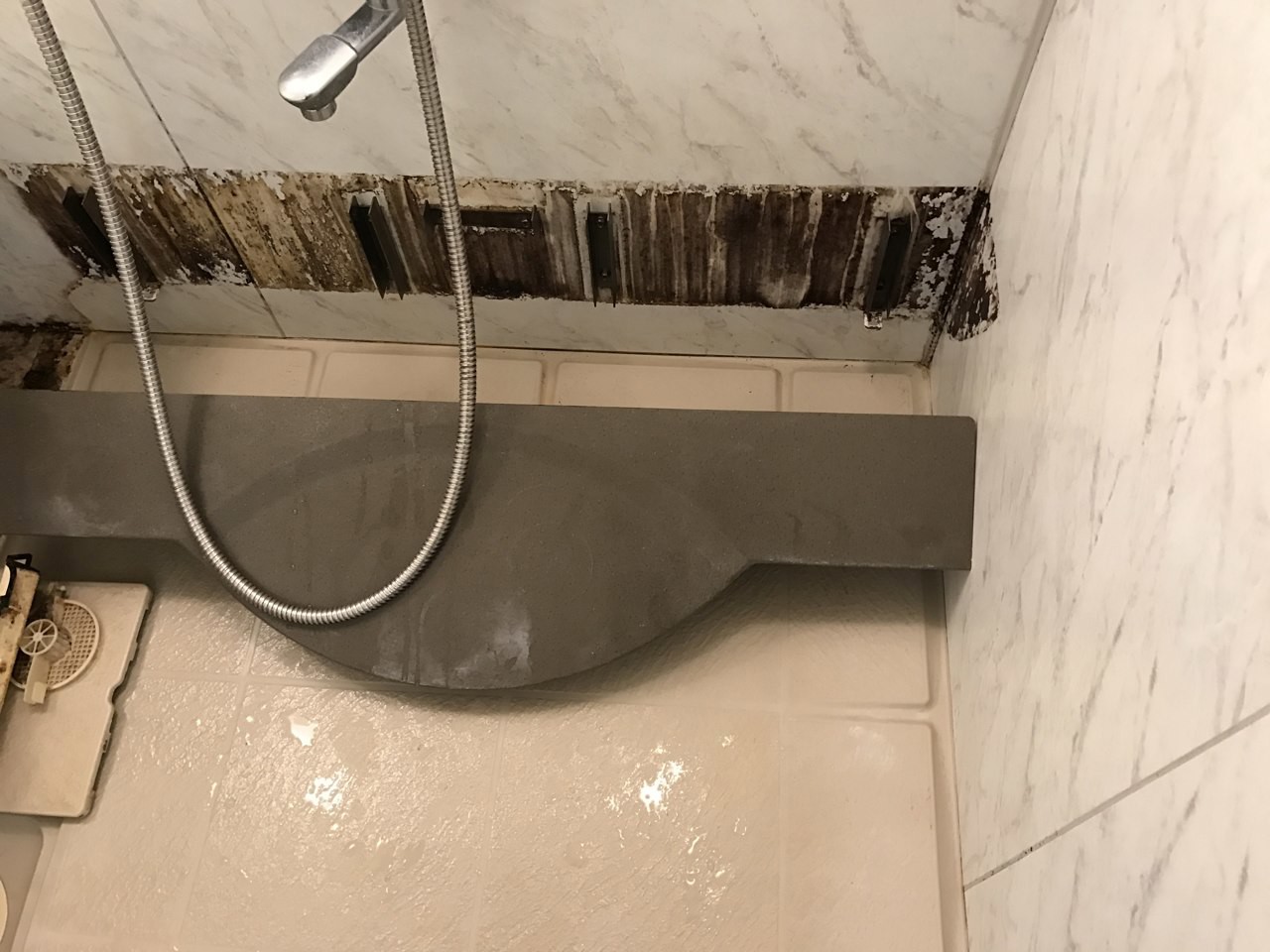 清掃前。シャンプーなどを置く台を外すと、裏側に汚れが見えました。
