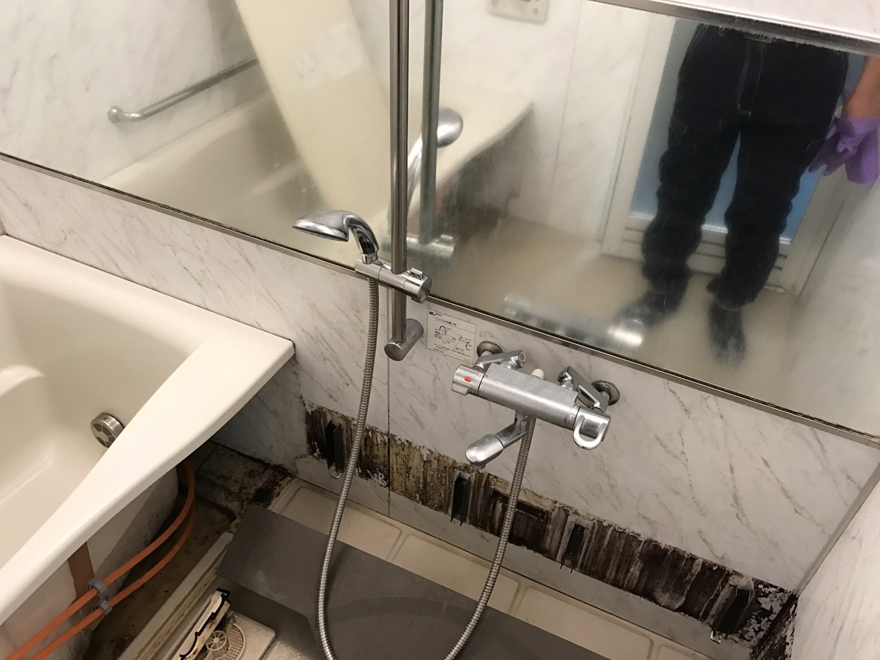清掃前。少し離れた位置からでも、棚の裏側の汚れが目立ちます。